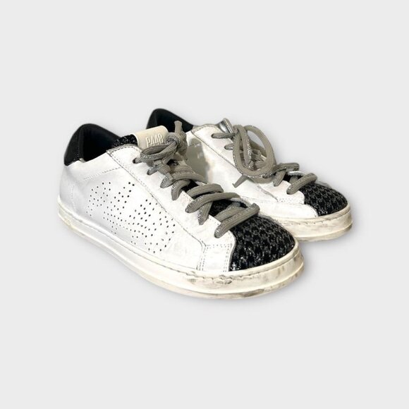 P448 John Skate Sneaker 36 6 White Silver Leather Houndstooth Women - Picture 1 of 9